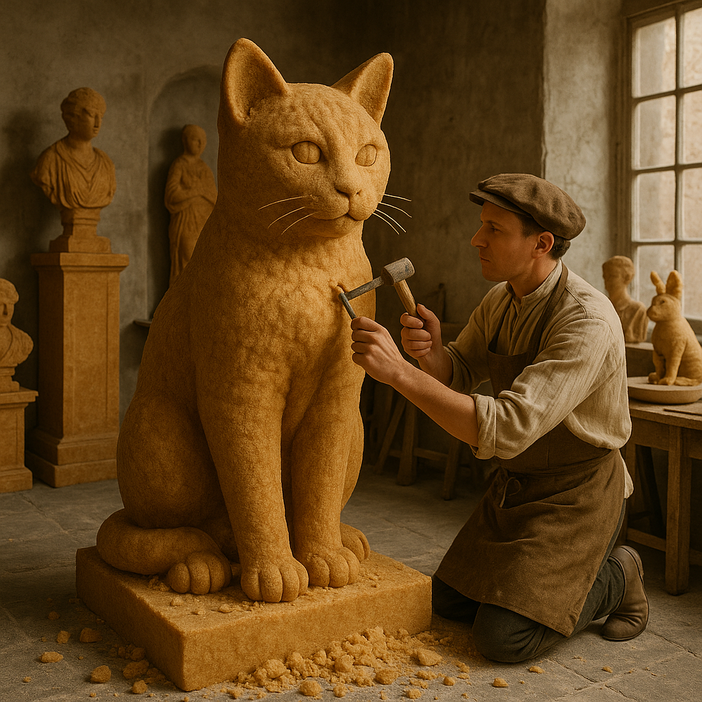 Sculpteur fabriquant en chat en biscuit avec marteau et burin, entouré d'éclats de biscuits et de statues d'animaux en biscuit
